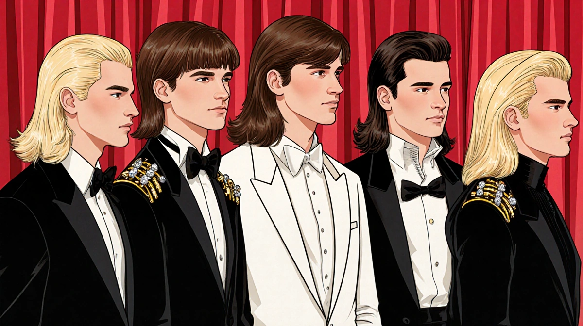 Connor Storrie Glen Powell Jacob Elordi Patrick Schwarzenegger and Joshua pose with mullet hairstyles and '80s fashion on red