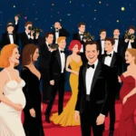 Celebrities mingling and laughing on the red carpet with photographers capturing moments and band playing in background