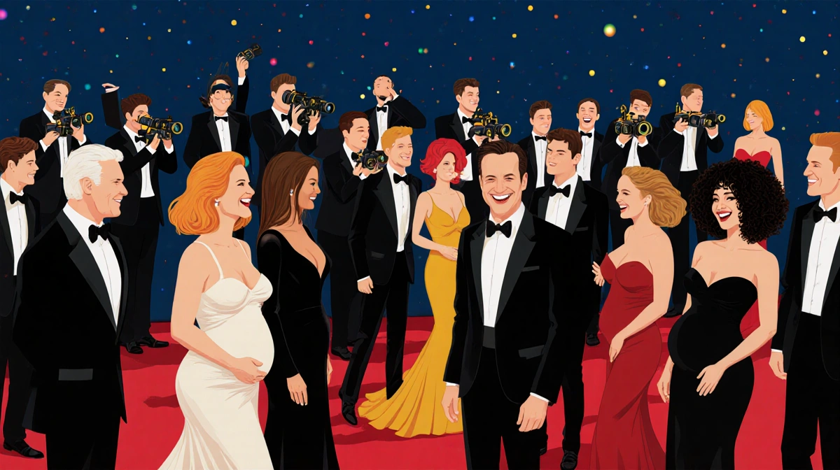 Celebrities mingling and laughing on the red carpet with photographers capturing moments and band playing in background