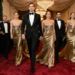 Celebrities walk the red carpet in shimmering gowns with gold sequins and bright camera lights
