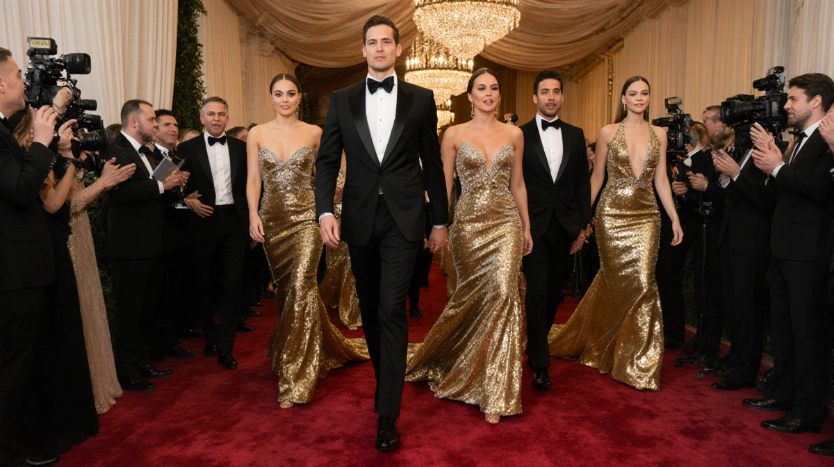 Celebrities walk the red carpet in shimmering gowns with gold sequins and bright camera lights