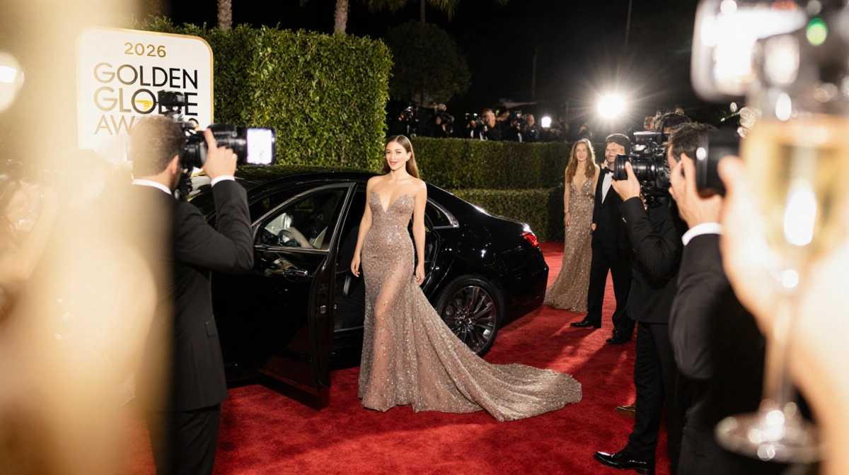 Starlet stepping onto Golden Globes 2026 red carpet with shimmering gown and paparazzi flash