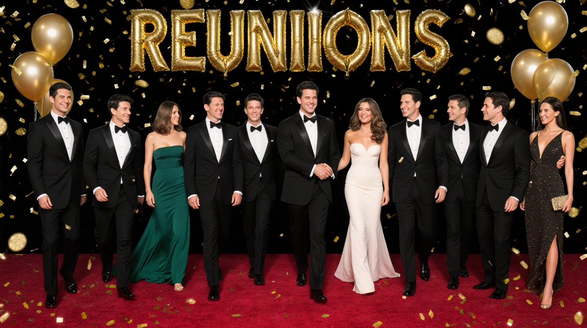Golden Globe celebrities from Friends and Full House walking the red carpet together with gold balloons and reunion banner