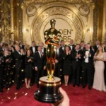 Winner holding Golden Globe trophy with confetti and camera flashes at red carpet ceremony