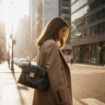 Kristy Scott standing on city street corner with long coat and handbag under warm golden light and blurred skyscrapers behind