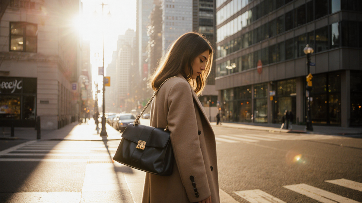 Kristy Scott standing on city street corner with long coat and handbag under warm golden light and blurred skyscrapers behind