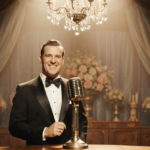 Guy Hovis singing at a vintage microphone with golden spotlight and nostalgic stage background