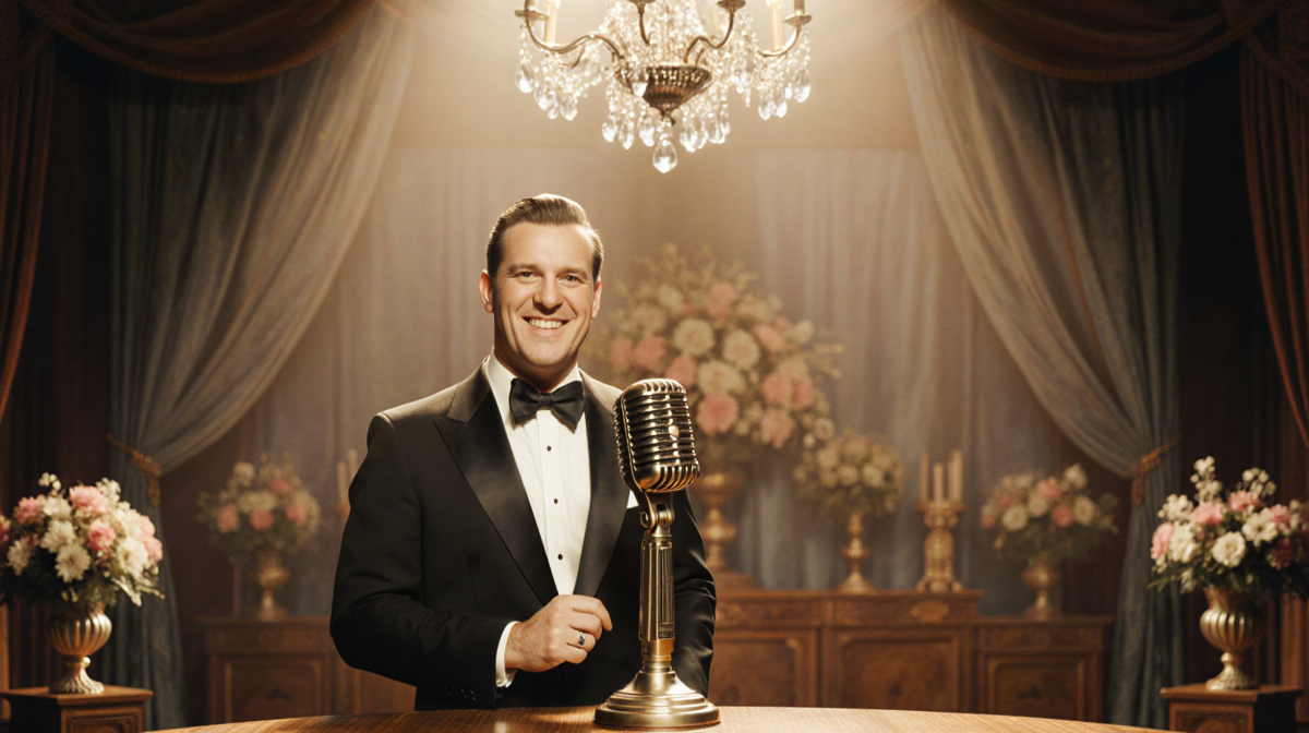 Guy Hovis singing at a vintage microphone with golden spotlight and nostalgic stage background