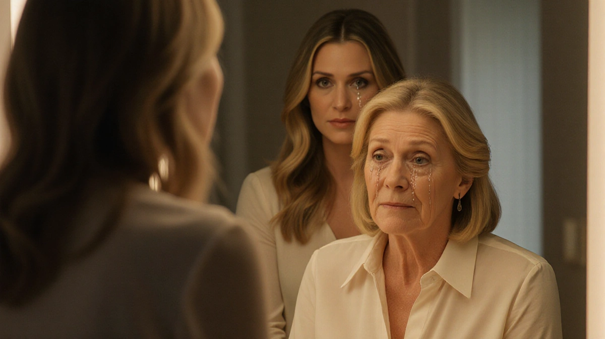 Goldie Hawn sits at mirror with Kate Hudson behind her showing their shared features and tears