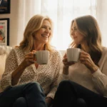 Goldie Hawn and Kate Hudson sharing coffee in cozy living room with family photos and movie posters on wall