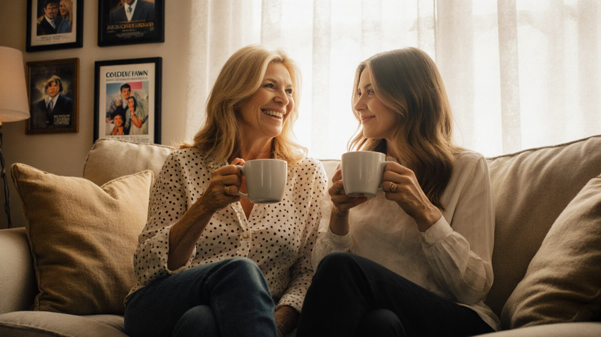 Goldie Hawn and Kate Hudson sharing coffee in cozy living room with family photos and movie posters on wall