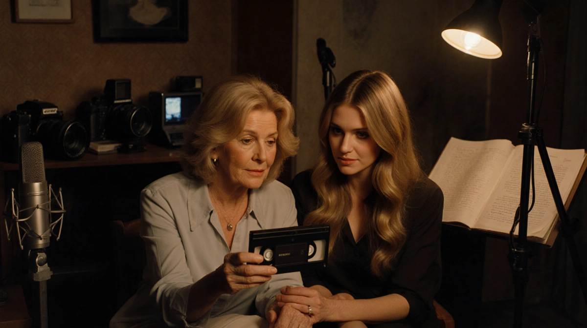 Goldie Hawn and Kate Hudson watching vintage home movie with old cameras and scripts nearby