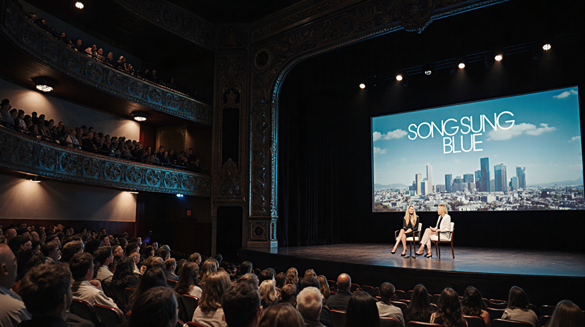 Goldie Hawn moderates Q&A with Kate Hudson beside her on dim Los Angeles theater stage with screen showing Song Sung Blue