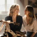 Goldie Hawn and Kate Hudson smile at each other beside an old wooden tricycle with faded ribbon tied to the handlebars