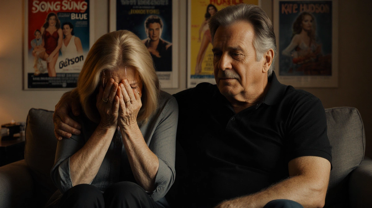 Goldie Hawn crying with Kurt Russell comforting her in room with Kate Hudson movie posters on walls