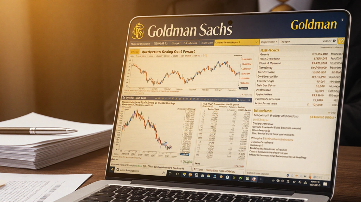 Goldman Sachs earnings report sits on desk with laptop showing stock charts and financial news headlines