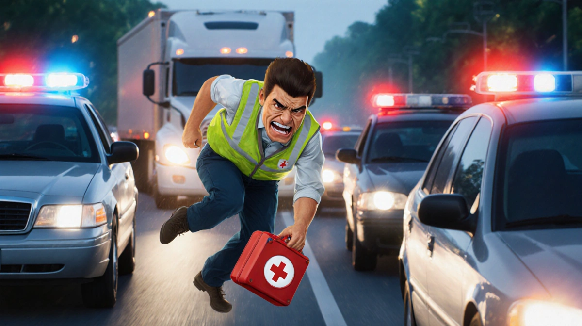 Truck driver rushes through stopped traffic with reflective vest and first aid kit while emergency lights flash behind