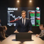 Google CEO stepping forward at tech conference with stock ticker showing decline and worried investors behind