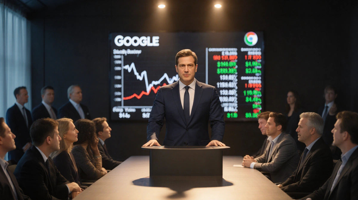 Google CEO stepping forward at tech conference with stock ticker showing decline and worried investors behind