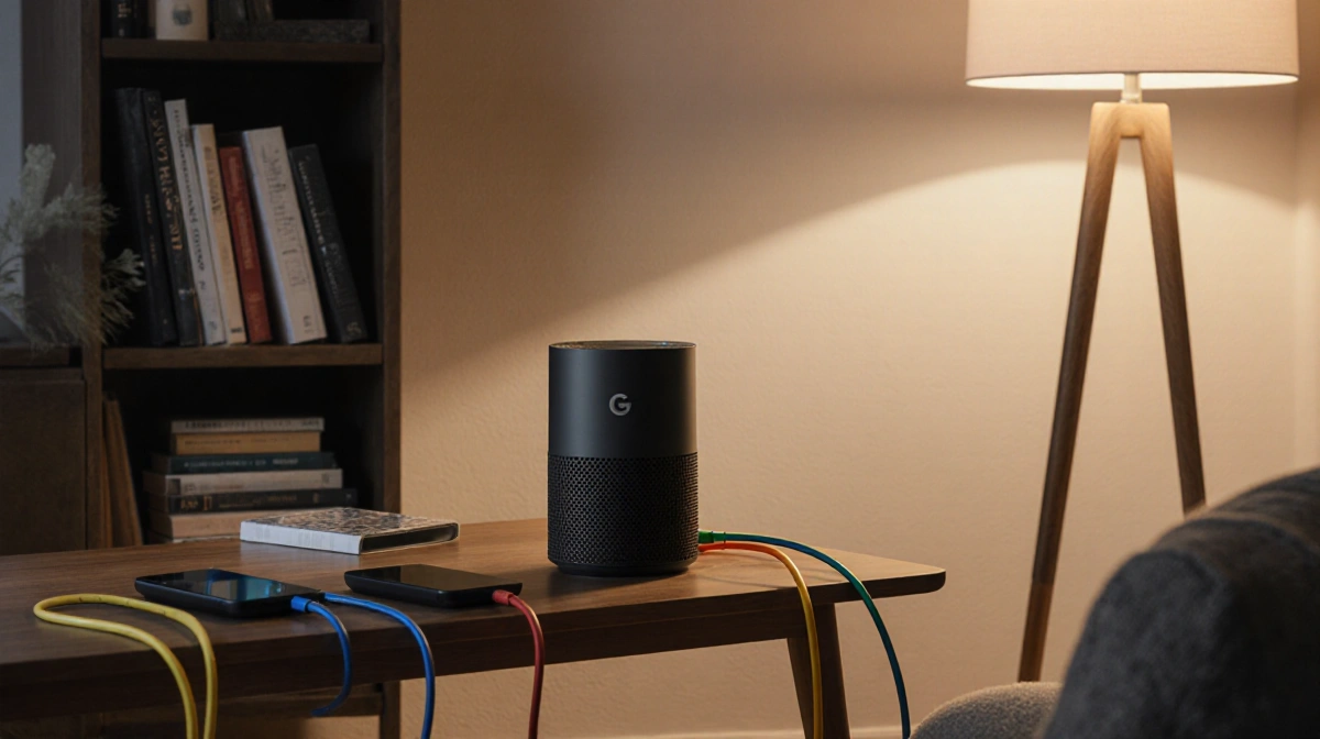 Google Nest WiFi Pro router sits on table with colorful cables connected to devices and warm lamp light illuminating the inte