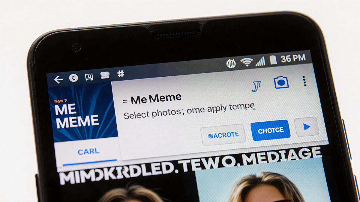 Smartphone screen shows Google Photos Me Meme interface selecting two photos and applying a meme template with blurred edges