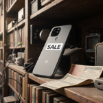 Google Pixel 10 phone displays a SALE sticker and coupons with dusty books and old electronics nearby