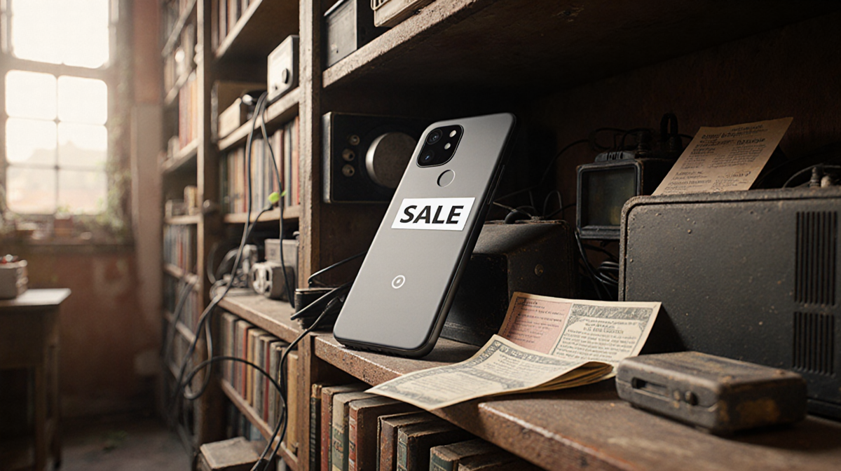 Google Pixel 10 phone displays a SALE sticker and coupons with dusty books and old electronics nearby