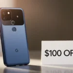 Google Pixel 9A smartphone rests on desk with notepad showing $100 discount and warm natural lighting