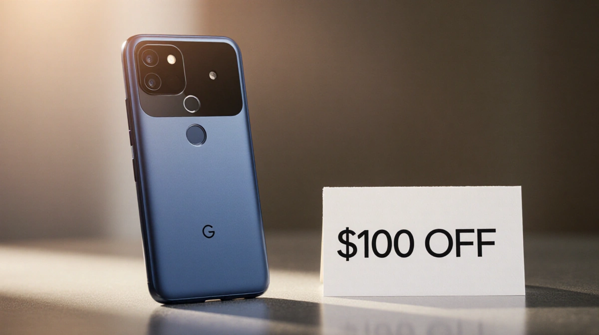 Google Pixel 9A smartphone rests on desk with notepad showing $100 discount and warm natural lighting