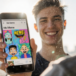 Young adult holds Google Pixel 9 with a mischievous grin and colorful memes on the screen near a sunny cityscape.
