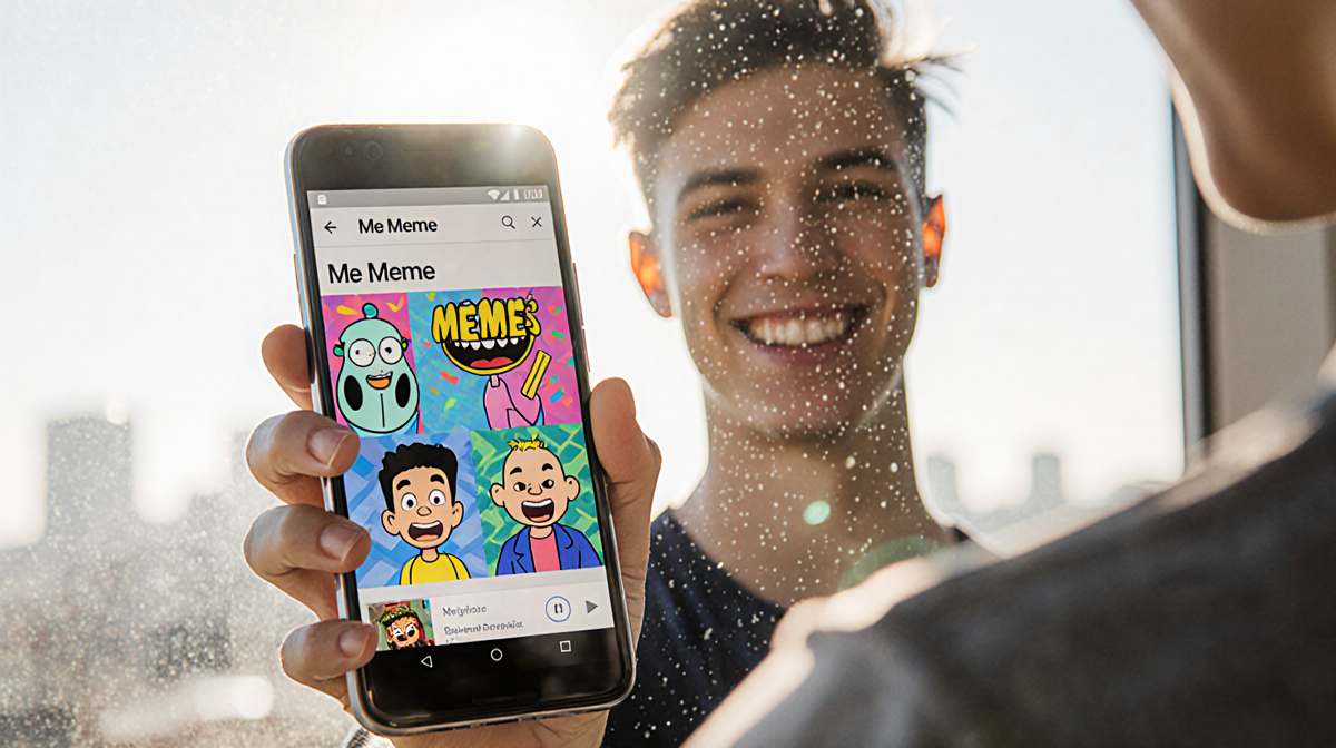 Young adult holds Google Pixel 9 with a mischievous grin and colorful memes on the screen near a sunny cityscape.
