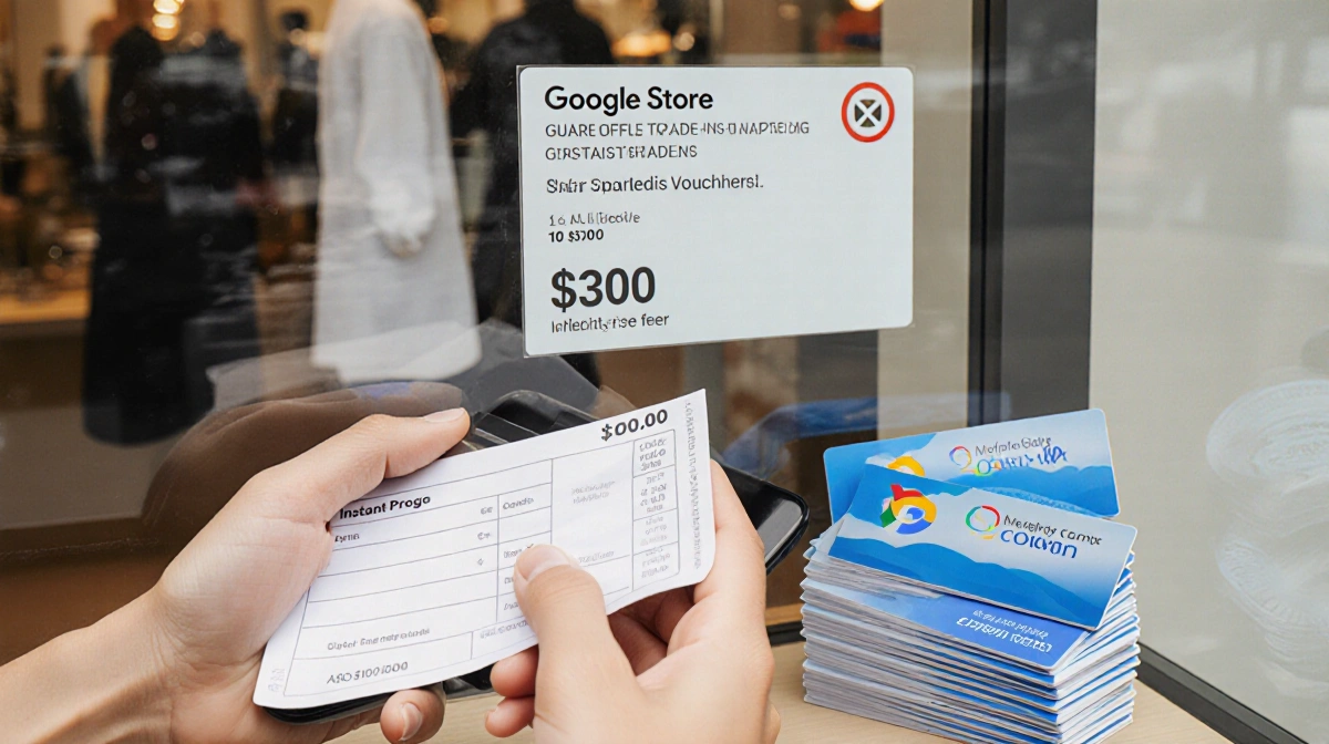 Person holding smartphone near Google Store with $300 crossed-out price tag showing trade-in credit and stacked vouchers