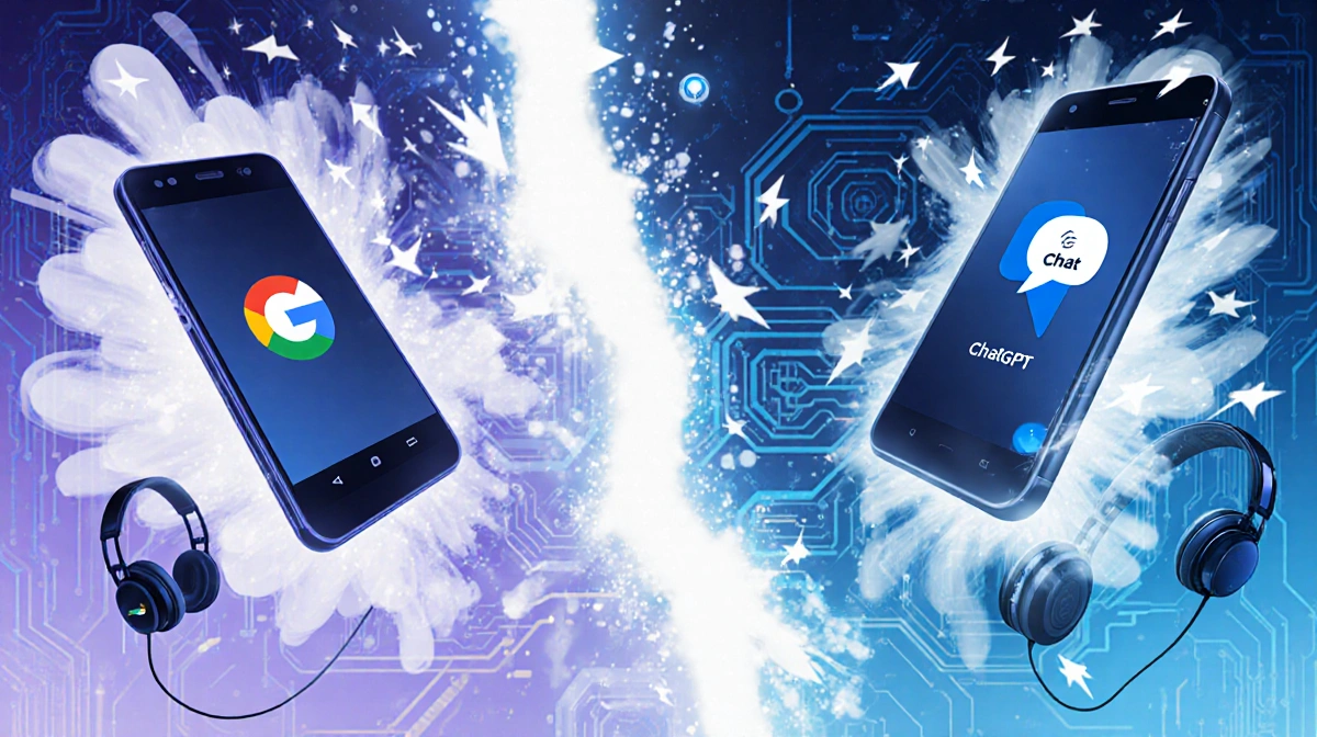 Two smartphones compete with Google and ChatGPT logos while surrounded by swirling language data and translation arrows