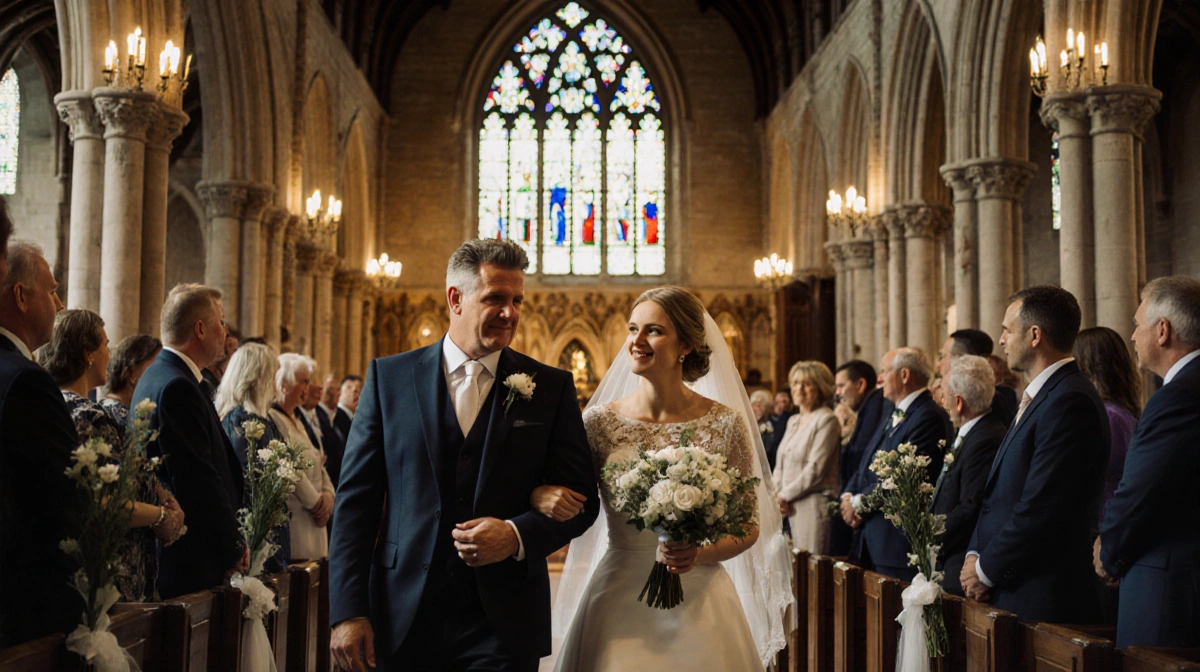 Gordon Ramsay walking daughter Holly down abbey aisle with golden light illuminating their faces and stained glass windows