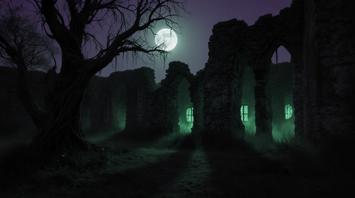 Crumbling ruins glow with eerie green light as gnarled trees cast shadows beneath a full moon