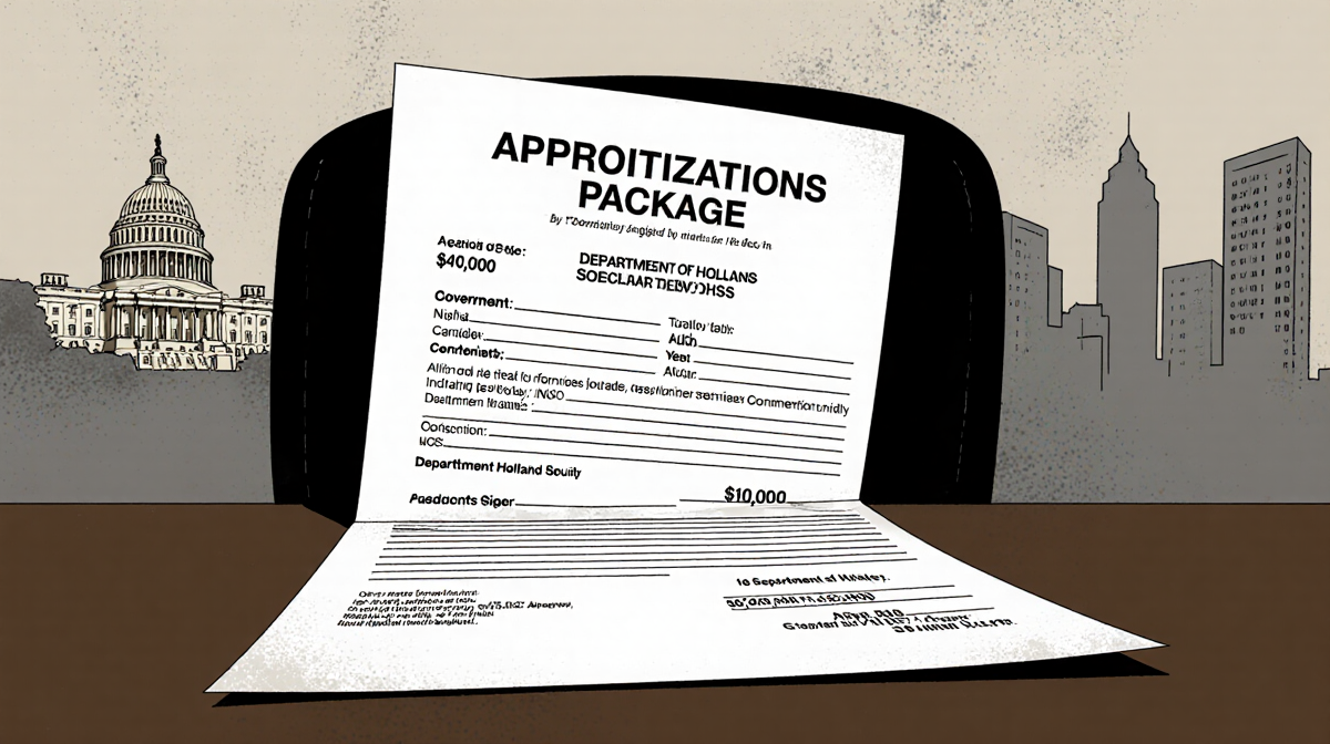 Government office desk shows an appropriations bill with dollar amounts and agency names while DHS emblem appears in backgrou