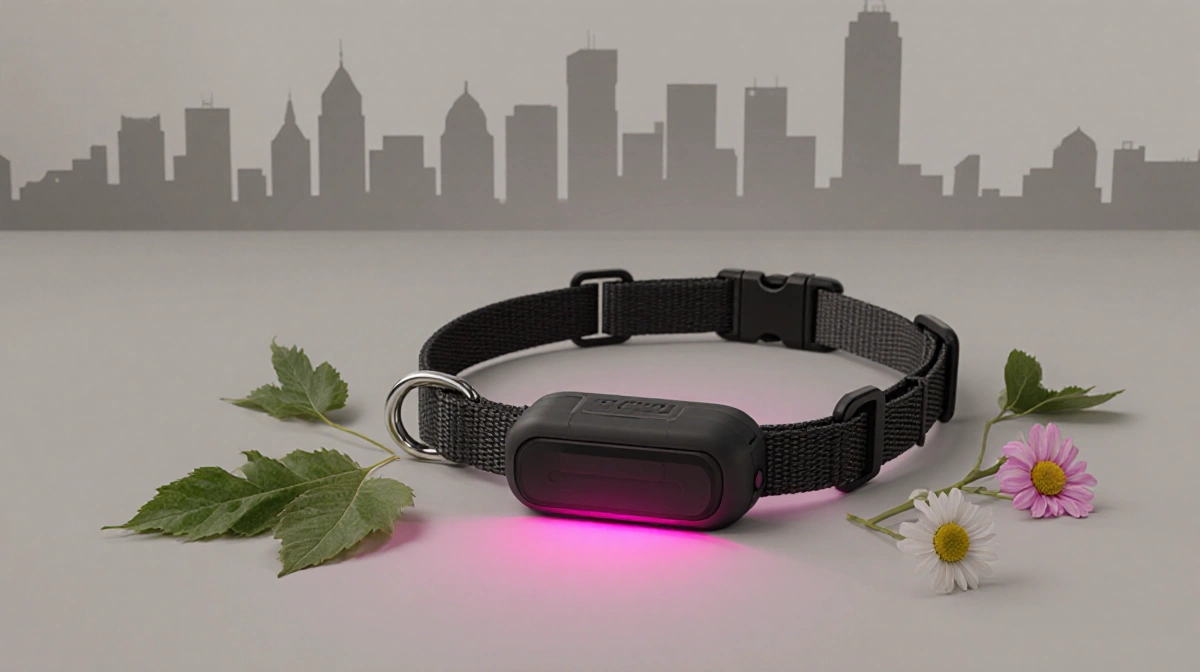 Small sleek GPS tracker glowing pink with collar on neutral background and cityscape and scattered leaves