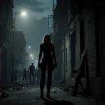Grace Ashcroft stands in abandoned alleyway with zombies looming in background and RE equipment against wall