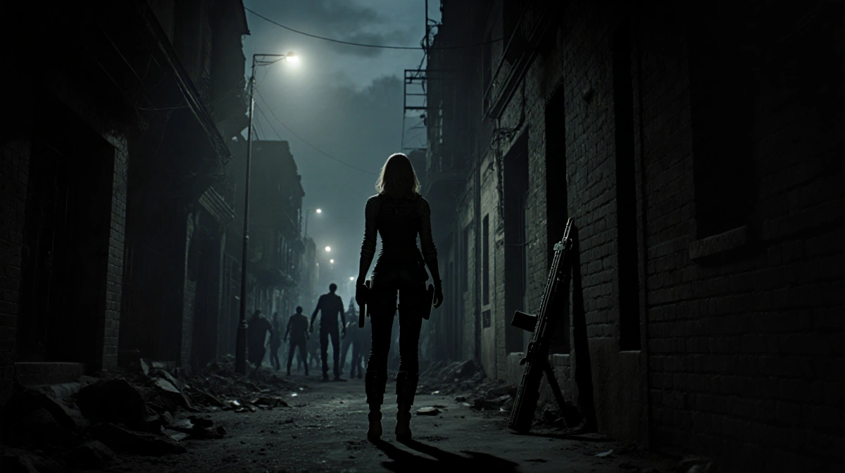 Grace Ashcroft stands in abandoned alleyway with zombies looming in background and RE equipment against wall