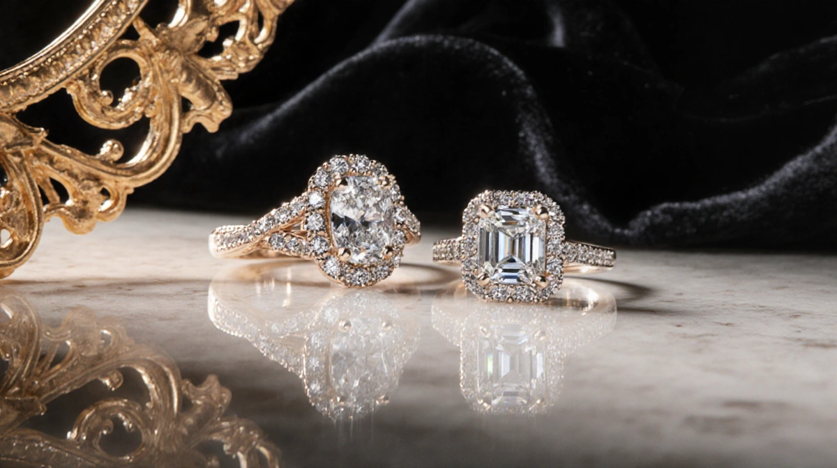 Two antique engagement rings sparkle on white marble with black velvet and gold filigree framing