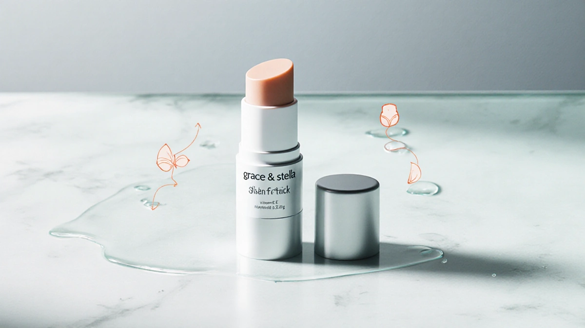 Grace & Stella balm stick stands open on marble counter with vitamin E droplets and niacinamide icons showing skincare benefi