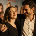 Gracie Abrams laughing with Paul Mescal at film premiere with golden lighting and cast members behind