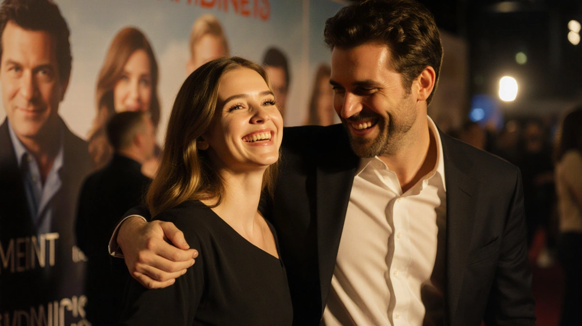 Gracie Abrams laughing with Paul Mescal at film premiere with golden lighting and cast members behind