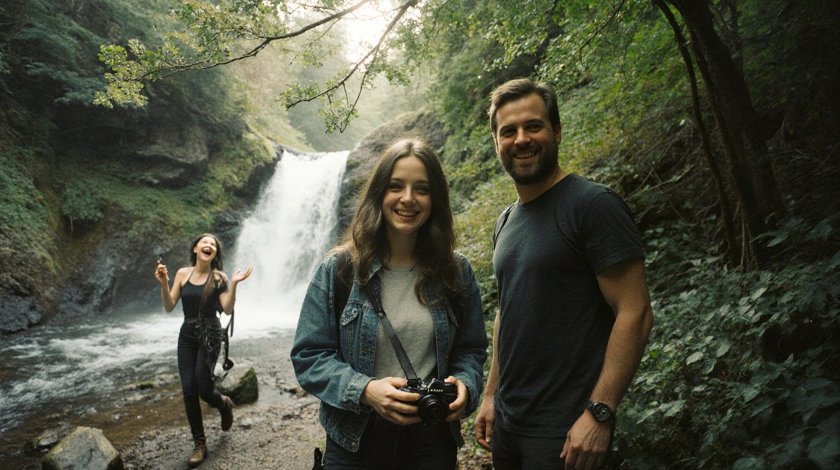Gracie Abrams photographing waterfall with Paul Mescal hiking toward her and Jessie Buckley laughing behind branches