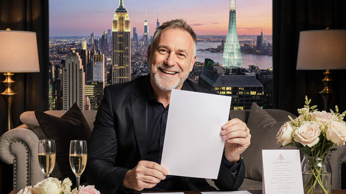 Graham Norton sits with a sly grin holding a blank paper among champagne flutes and wedding invitations in a living room