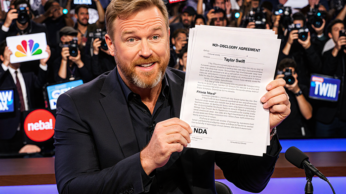 Graham Norton holding a NDA contract labeled Taylor Swift and Travis Kelce wedding with talk show set