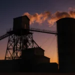 Industrial grain elevator stands tall against sunset sky with orange and purple hues and long shadows on the ground