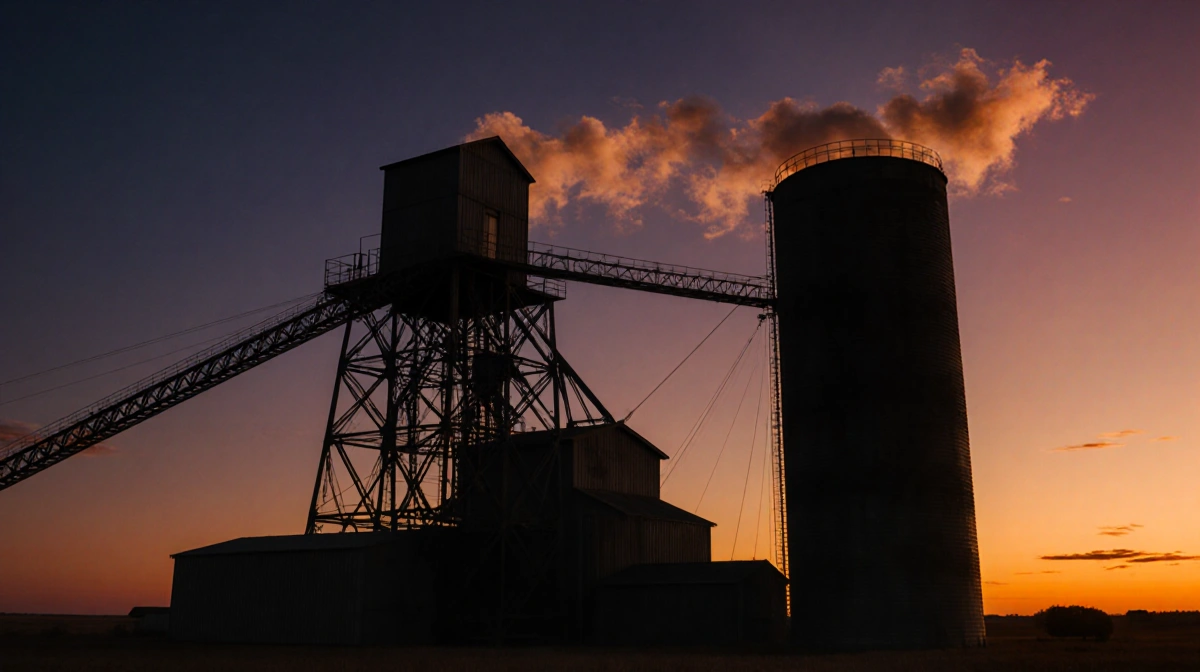 Industrial grain elevator stands tall against sunset sky with orange and purple hues and long shadows on the ground