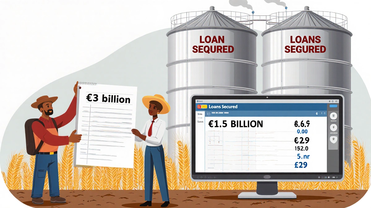 Farmer holding ₹3 billion ledger with grain silos behind and loan officer near computer showing ₹1.5 billion.