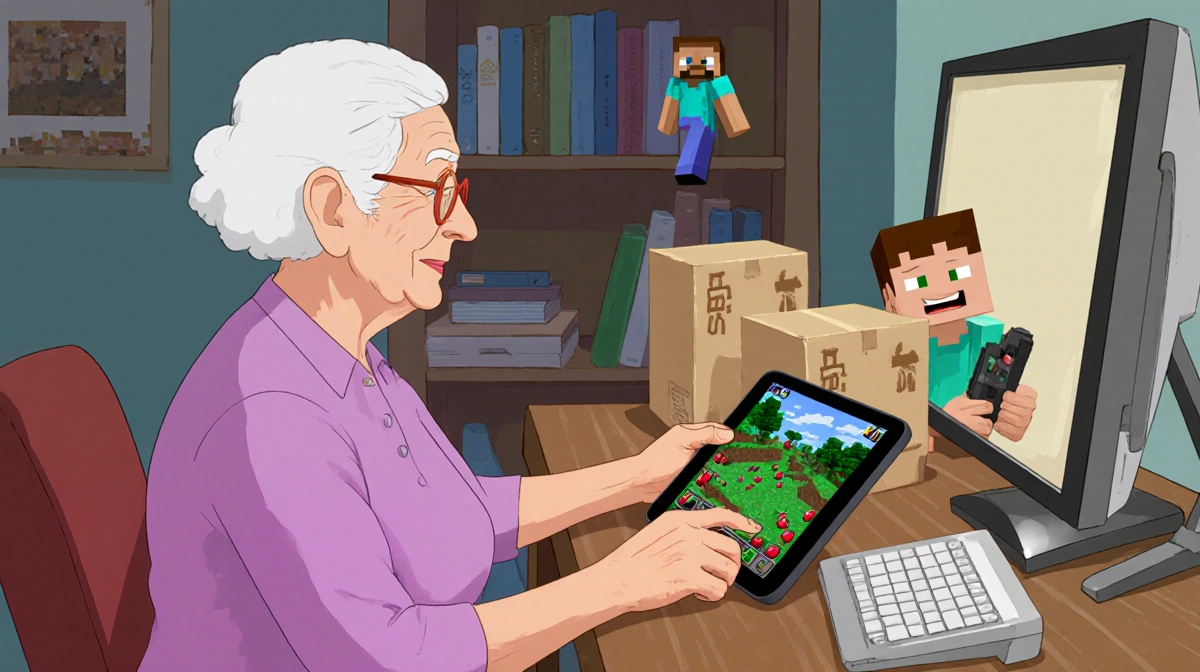 Elderly woman playing Minecraft on console with tablet showing her game and child peeking from behind blocks